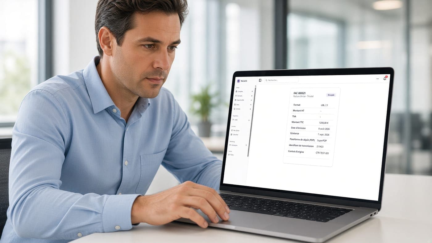 Une facture électronique NexiaCX au format réglementaire, consultée sur ordinateur portable