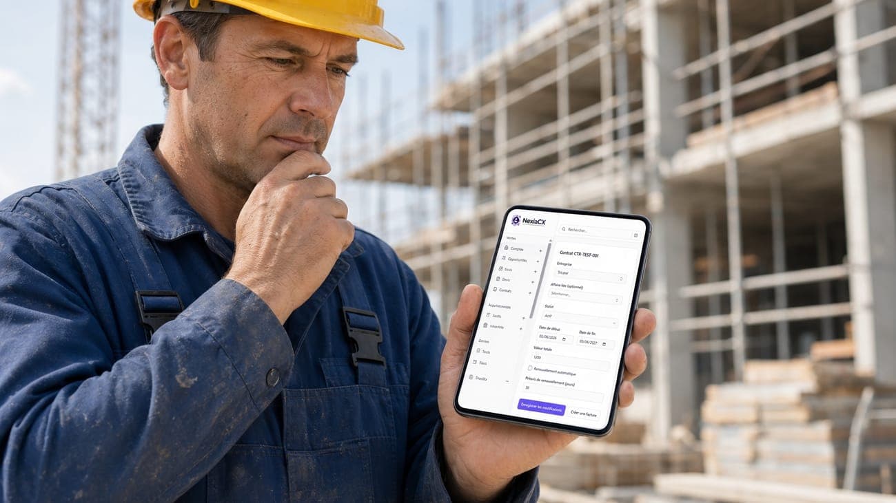 Un artisan du BTP consulte un contrat NexiaCX sur son téléphone, sur un chantier