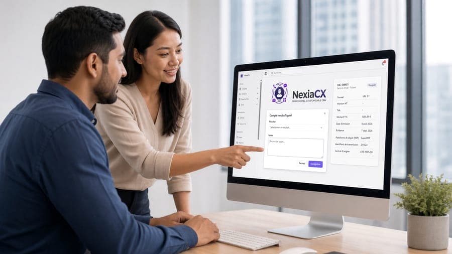 Deux collègues renseignent un compte-rendu d'appel dans NexiaCX, à côté de la facture liée
