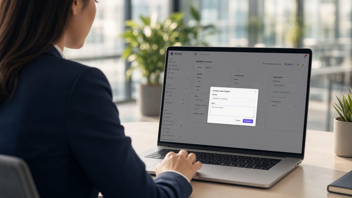 Fiche contact NexiaCX réunissant identité, coordonnées, organisation et historique d'appels sur un seul écran